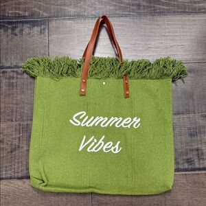 NWOT Green Tote Bag with Brown Handles
